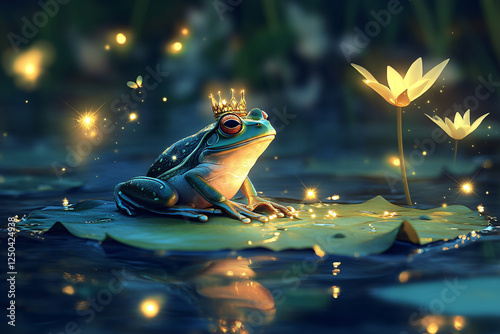 magical green frog prince on a lily pad in a glowing pond