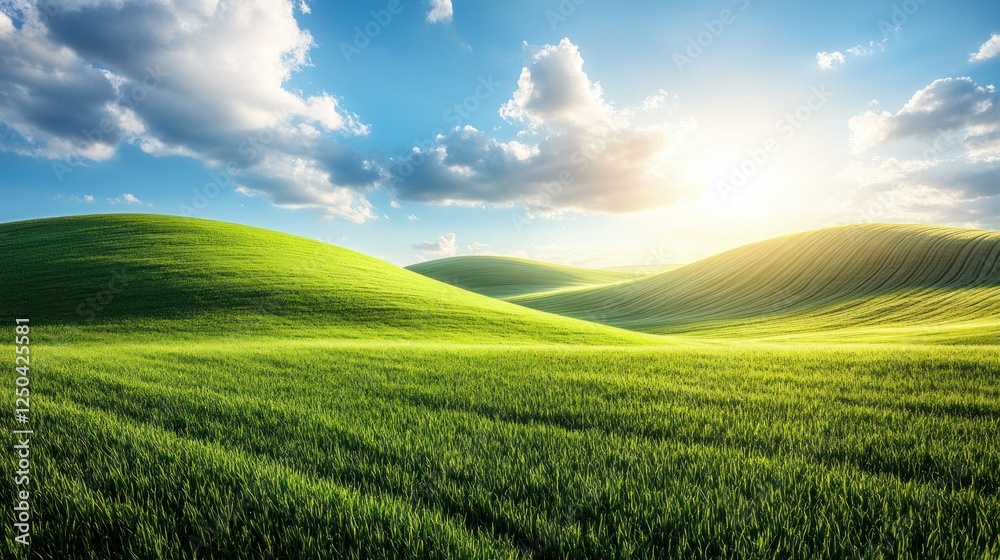 Fototapeta premium Sunny green hills landscape, sunset, agriculture, spring