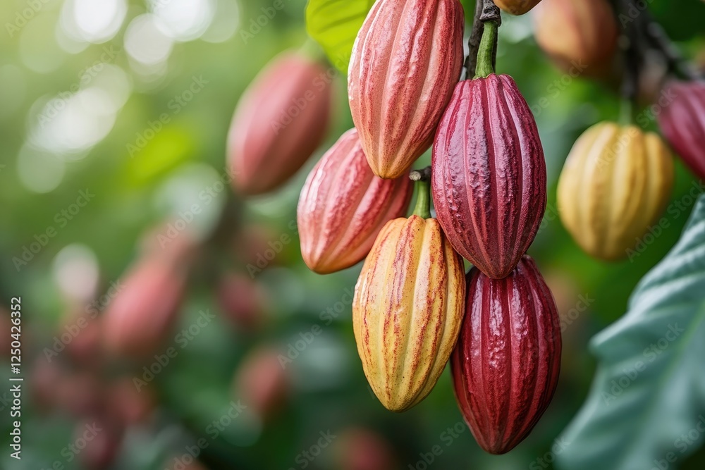 Vibrant cacao pods hanging on tree branches Vibrant cacao pods hanging on tree branches
