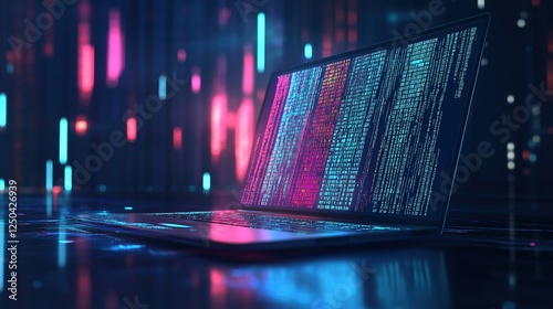 Abstract futuristic laptop with digital data and code waves on a dark background. Digital technology concept for web development, coding, software design, or big data engineering.