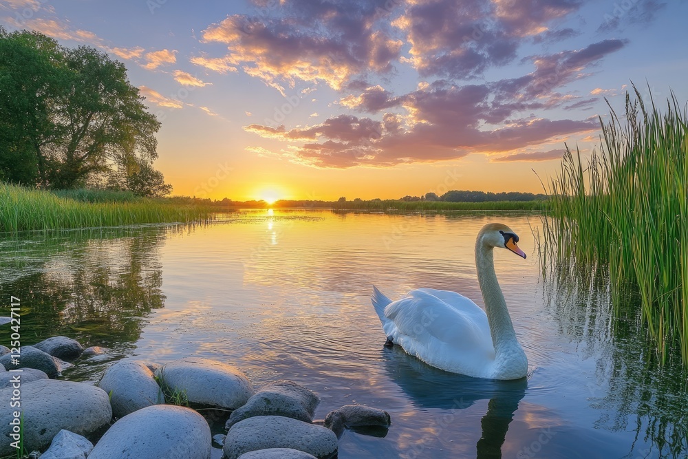 Fototapeta premium Majestic swan gliding on serene lake at sunset