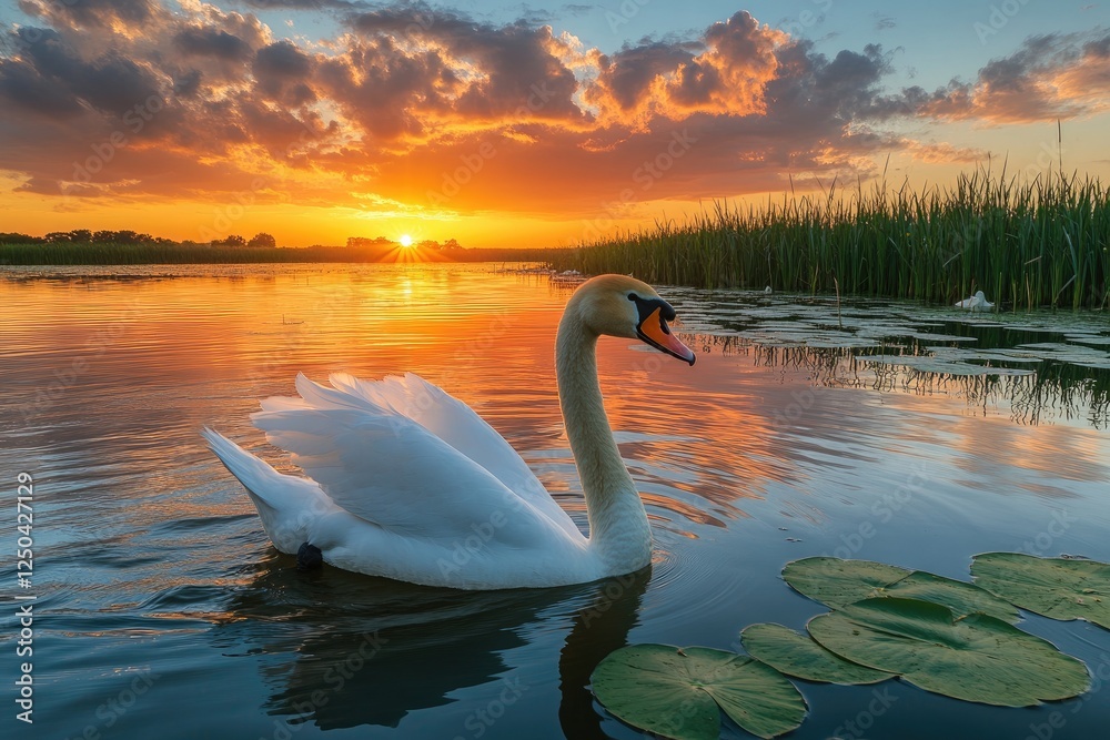 Fototapeta premium Graceful swan gliding on tranquil lake at sunset
