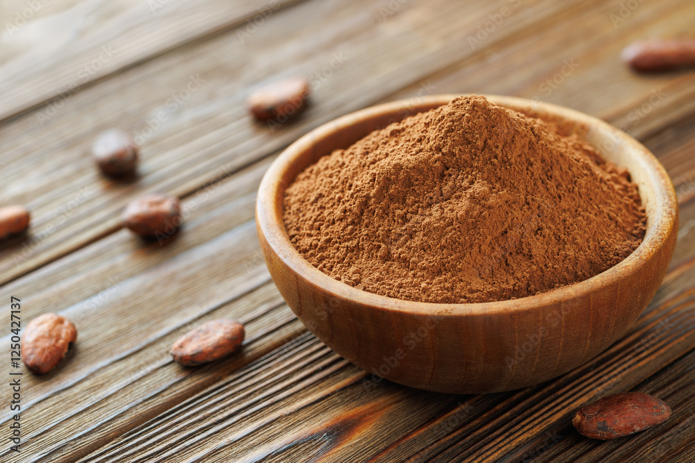 cocoa powder in bowl and raw cocoa beans on table cocoa powder in bowl and raw cocoa beans on table