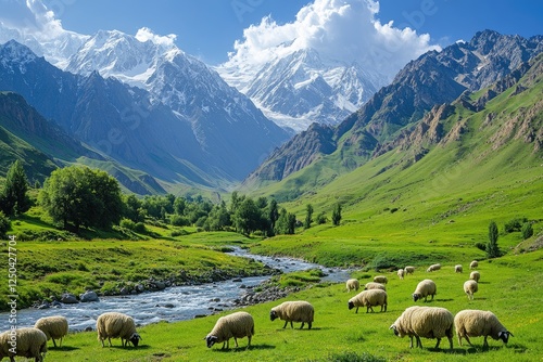 Grazing sheep in lush mountain valley landscape
