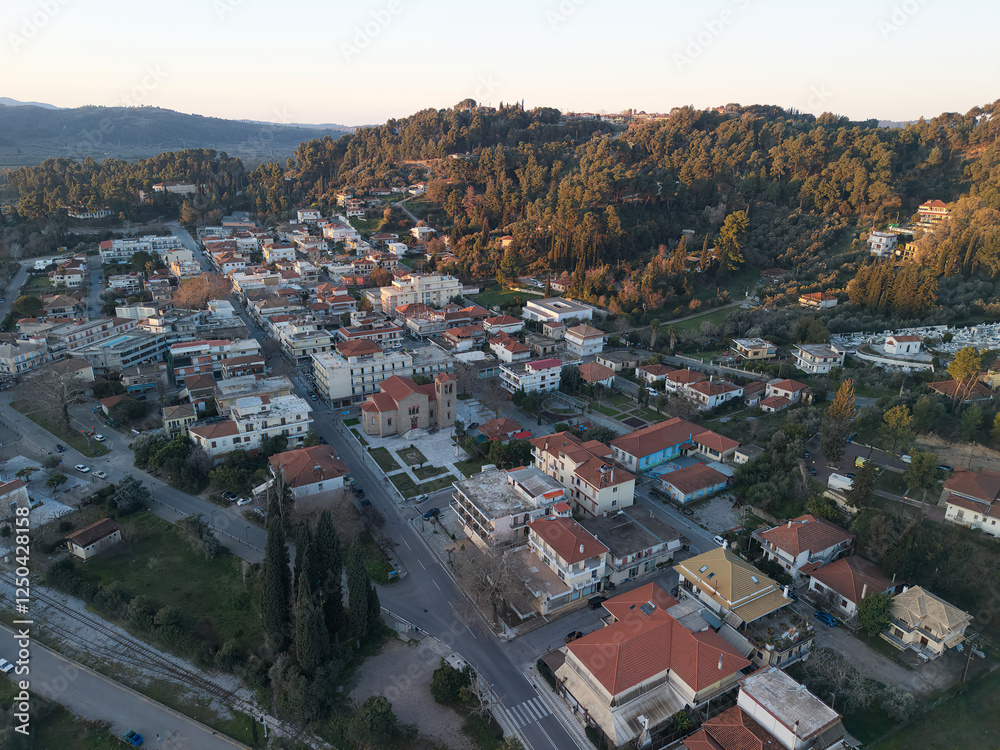 Fototapeta premium Aerial view of Olympia town in Peloponnese, Greece during sunrise.