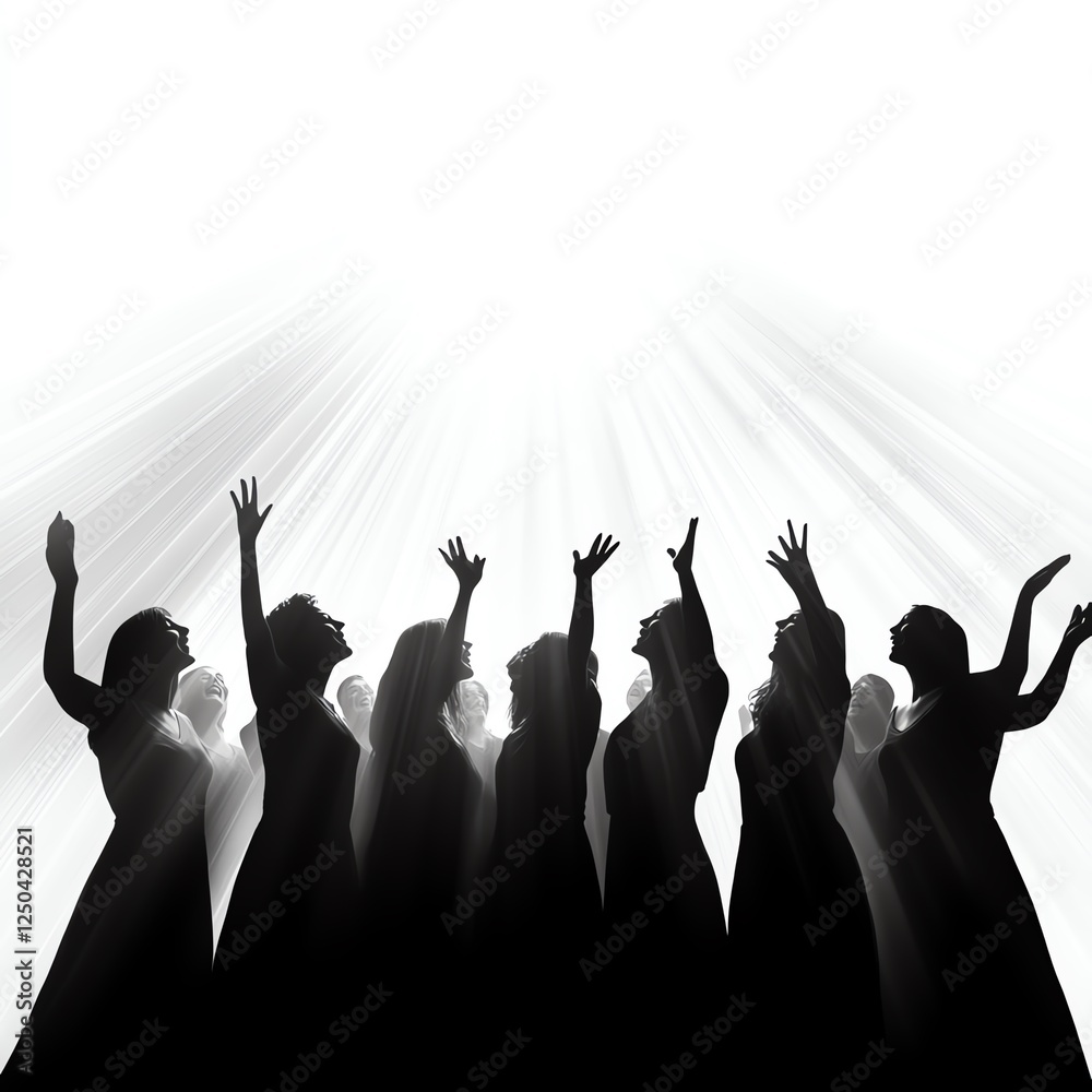 Silhouettes of people celebrating with raised hands against a bright background. Silhouettes of people celebrating with raised hands against a bright background.