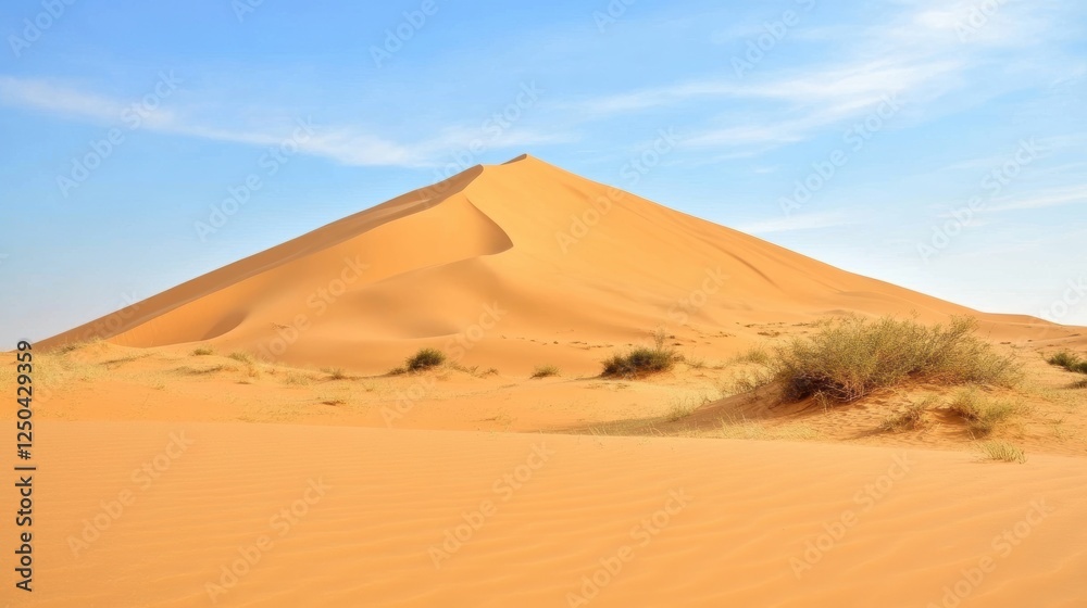 A vast desert landscape featuring a prominent sand dune under a clear sky. A vast desert landscape featuring a prominent sand dune under a clear sky.