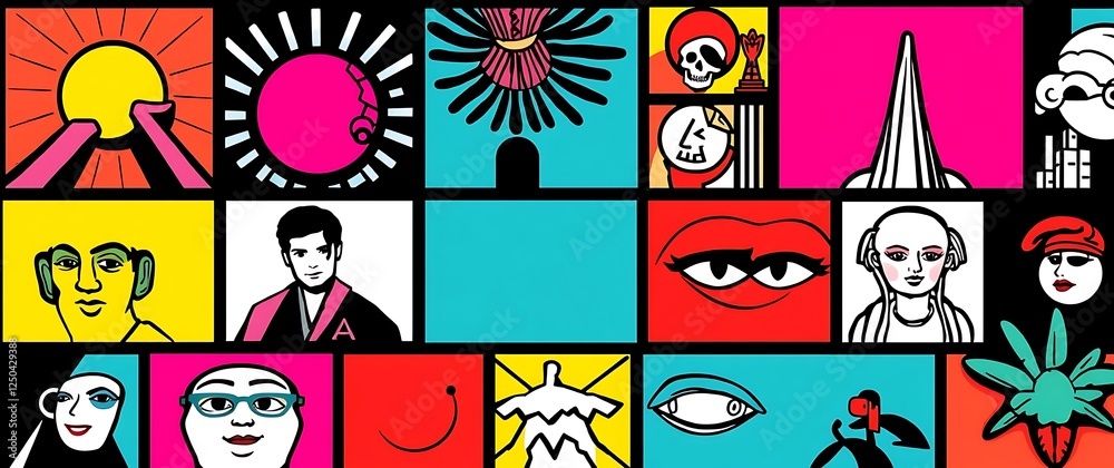 Obraz premium A bold, graphic background incorporating a collage of high-contrast images, rendered in a pop art style with thick, black outlines and bright primary colors.