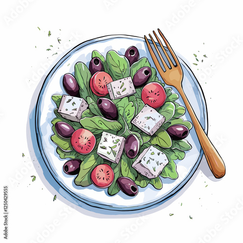 Hand-Drawn Greek Salad with Feta and Olives