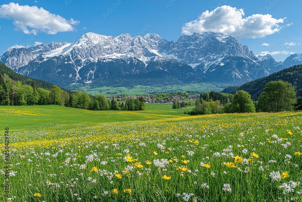Fototapeta premium Majestic snow-capped mountains overlooking vibrant meadow