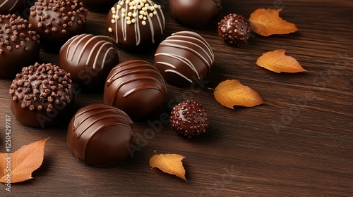 Autumn chocolates arranged on wood table