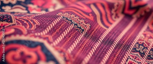 A detailed close up photograph of a stylish fabric background, showcasing intricate textile patterns, texture and rich color, with  sharp focus and a high resolution image. photo