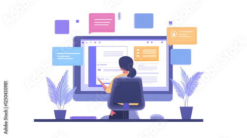 of a contemporary digital workspace featuring a laptop computer productivity software applications and user interface elements on the screen  Represents the concept of remote work data analysis