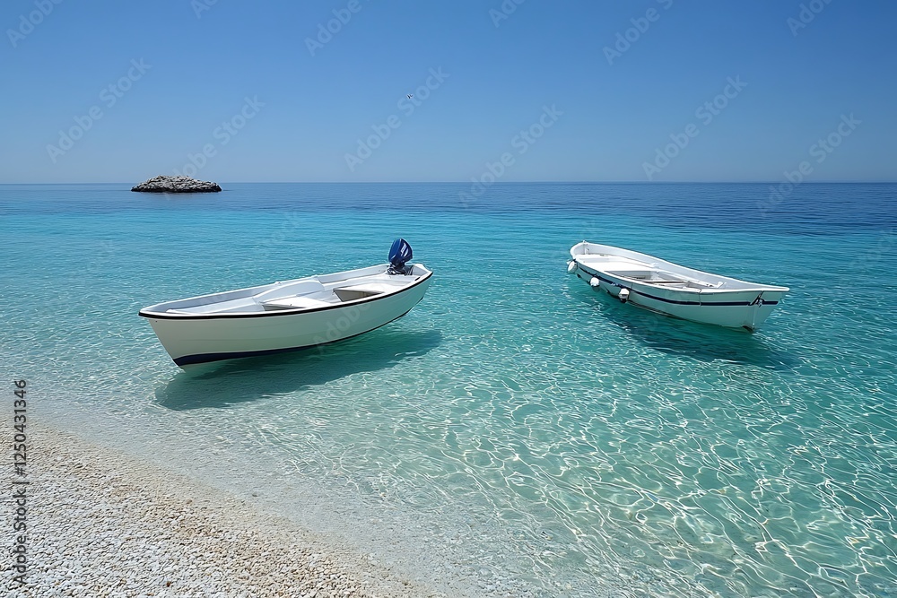 Tranquil beach scene, two white boats, crystal clear water, distant island Tranquil beach scene, two white boats, crystal clear water, distant island