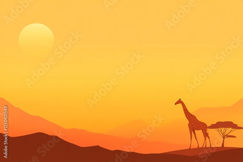 A giraffe stands in front of a tree in a desert landscape, with ample copy space for text. photo