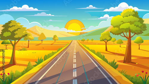 Sunny road to anywhere, single point perspective down a country highway in summer. Warm day to drive or travel to anywhere.