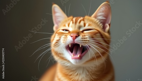 Ginger kitty smiling with a funny expression, Red background enhances the pet's beauty.