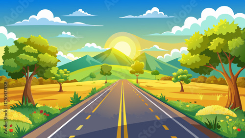 Sunny road to anywhere, single point perspective down a country highway in summer. Warm day to drive or travel to anywhere.