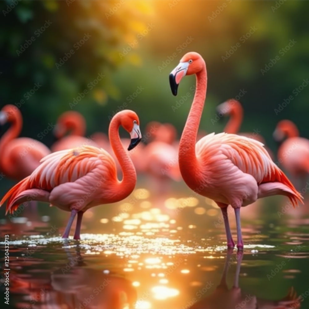Fototapeta premium A flock of pink flamingos enjoys the warm afternoon sun , birdlife, birds, animal group