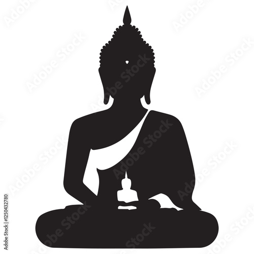 Buddha silhouette of meditating buddah statue. black and white flat style isolated buddha sitting in lotus position. Vector illustration