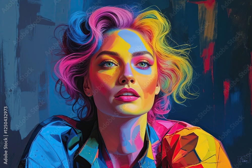 Obraz premium Vibrant Multi-Colored Portrait Showcasing Bold Contrasts and Creative Expression