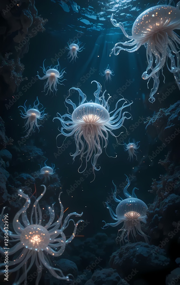 Luminous Jellyfish Swarm Deep Sea Luminous Jellyfish Swarm Deep Sea