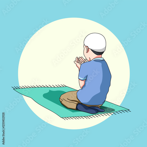 illustration of a Muslim boy in a blue koko shirt praying while raising his hands on a prayer rug