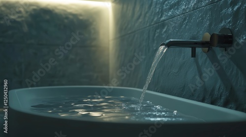 Water flows from the tap to the sink with emphasis on cleanliness and hygiene photo