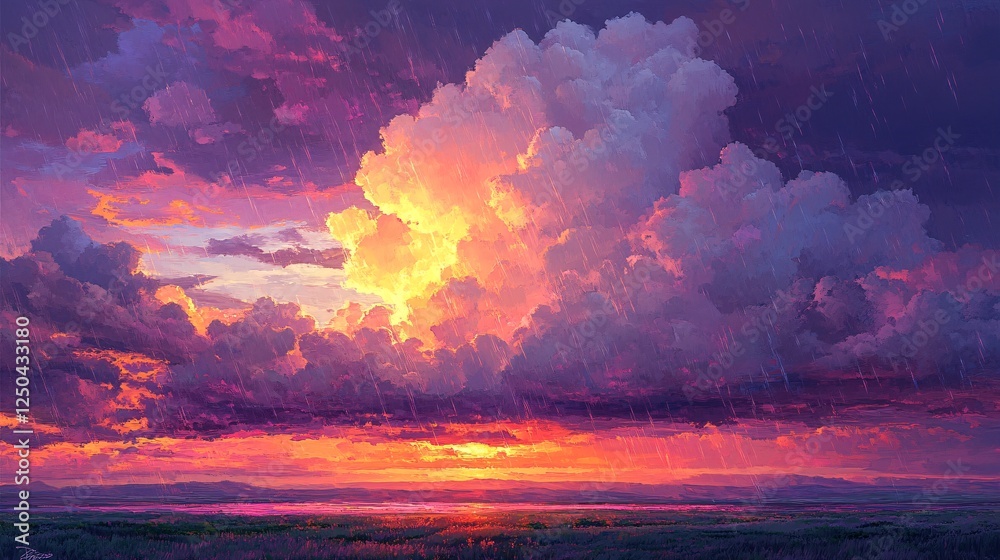 Naklejka premium A vibrant sunset paints the sky with hues of purple, orange, and pink, showcasing dramatic clouds against a stunning horizon.