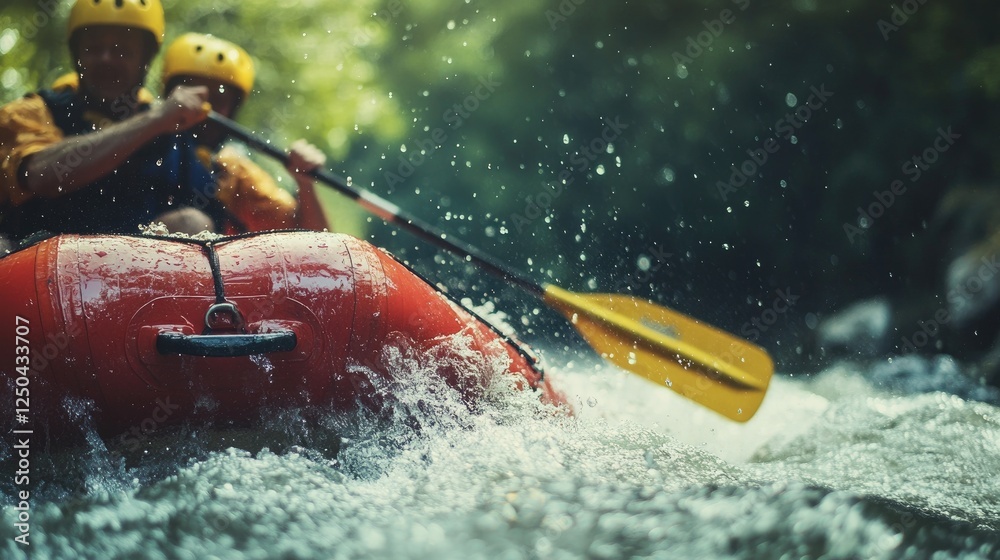 Naklejka premium Exhilarating White Water Rafting Adventure: Teamwork and Thrills on the River