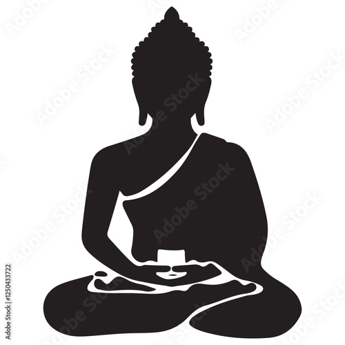 Buddha silhouette of meditating buddah statue. black and white flat style isolated buddha sitting in lotus position. Vector illustration