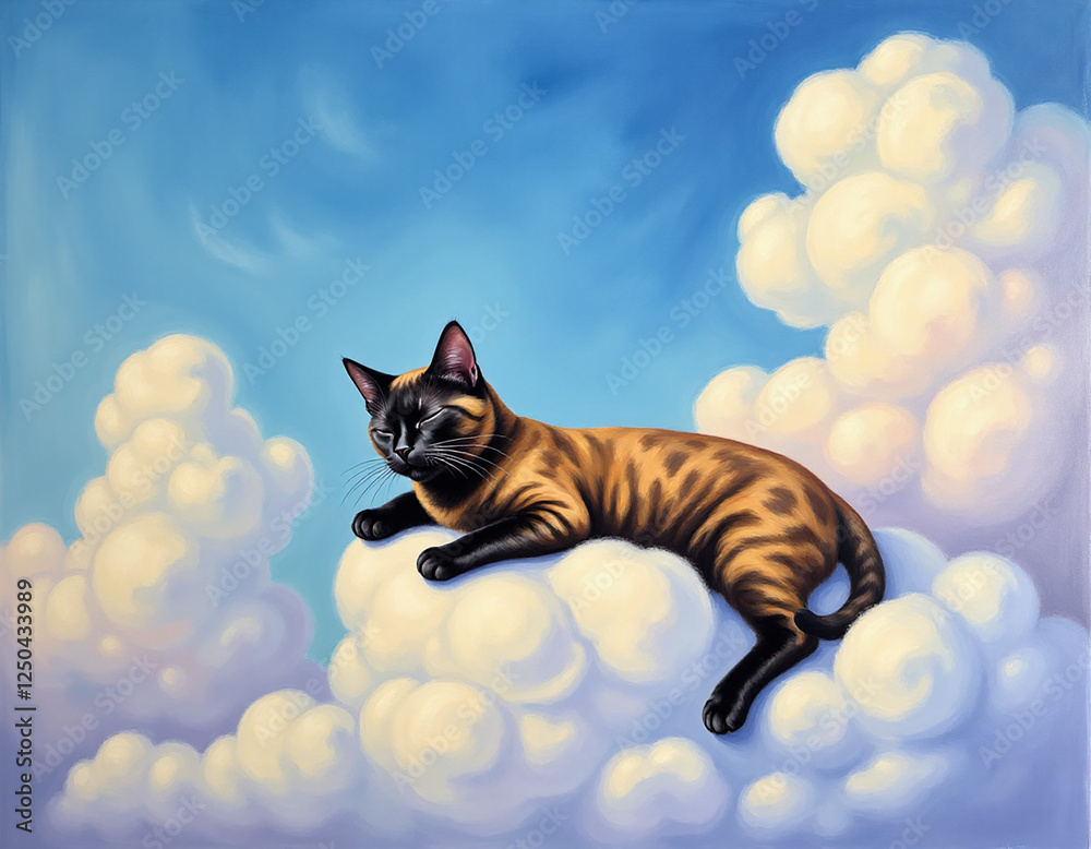 Obraz premium A whimsical illustration of a sleeping cat sprawled across fluffy clouds under a serene blue sky.