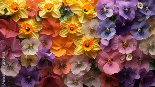Colorful paper daffodils and pansies floral background, spring decoration