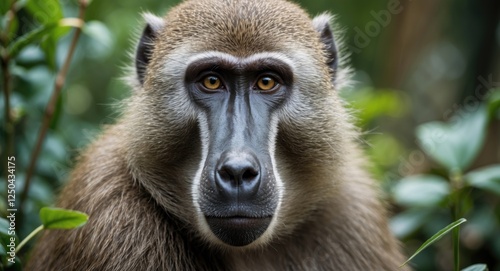 Pensive baboon portrait amidst lush greenery showcasing expressive eyes and detailed fur with space for text inclusion