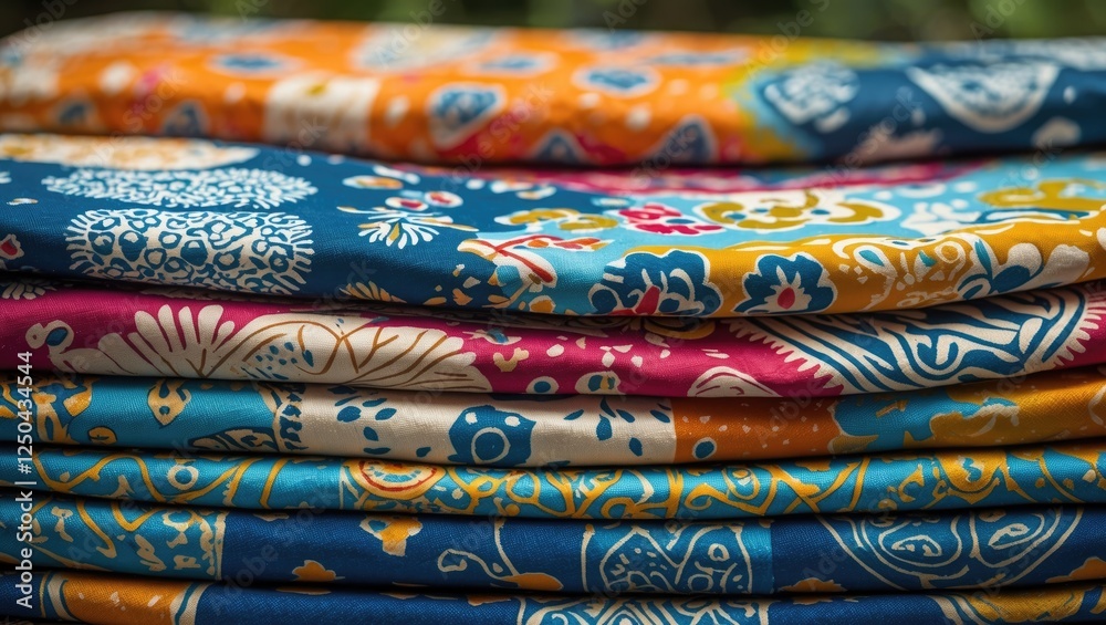 Vibrant layers of batik fabric displaying intricate patterns and rich colors stacked harmoniously for textile and fashion design concepts. Vibrant layers of batik fabric displaying intricate patterns and rich colors stacked harmoniously for textile and fashion design concepts.