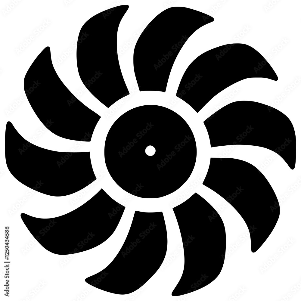 Rotating Turbine Icon: A stylized graphic illustration of a turbine or propeller, featuring a circular design with elegantly curved blades, ideal for industrial, engineering. Rotating Turbine Icon: A stylized graphic illustration of a turbine or propeller, featuring a circular design with elegantly curved blades, ideal for industrial, engineering.