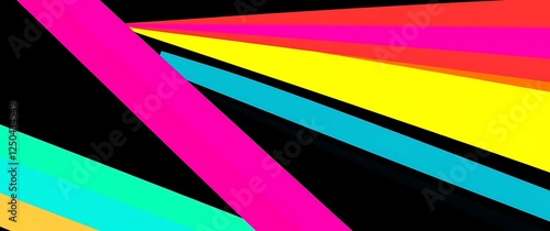 A dynamic background featuring bold, graphic stripes in neon colors on a black backdrop, rendered in a pop art style using bold lines and high saturation, presented in a vertic. photo