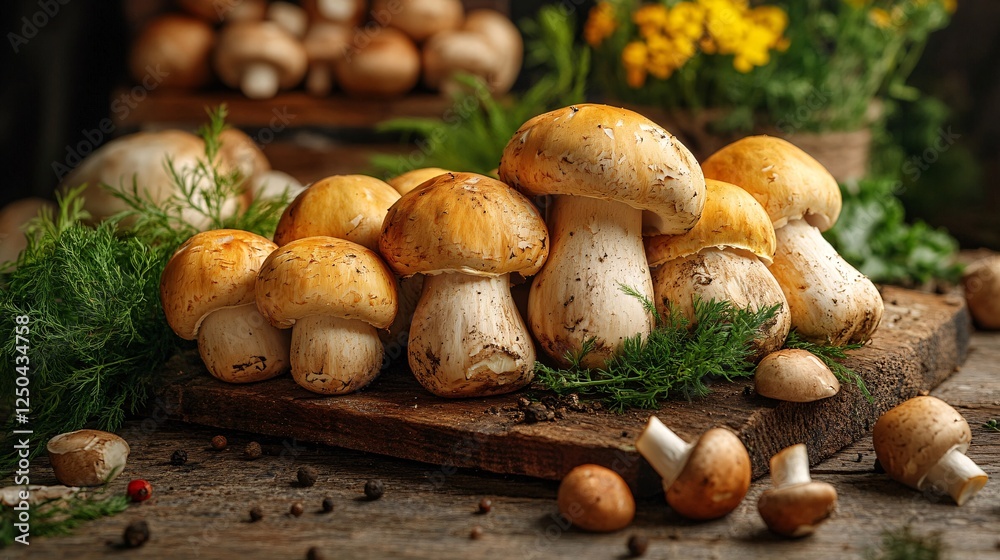 A cluster of fresh, golden-brown mushrooms nestled on a wooden surface, surrounded by greenery and seasonal flowers, evoking a natural, rustic charm. A cluster of fresh, golden-brown mushrooms nestled on a wooden surface, surrounded by greenery and seasonal flowers, evoking a natural, rustic charm.