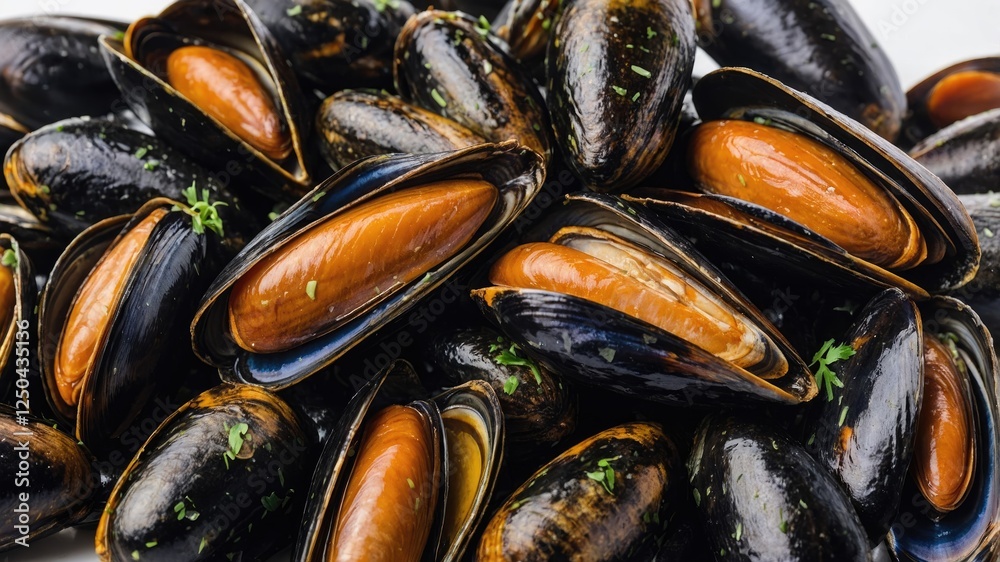 Fresh Mussels With Shiny Black Shells And Vibrant Orange Flesh On White Background Ideal For Seafood Culinary Concepts Fresh Mussels With Shiny Black Shells And Vibrant Orange Flesh On White Background Ideal For Seafood Culinary Concepts
