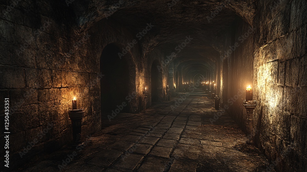 Obraz premium Dimly lit corridor with stone walls and flickering candles, creating an eerie atmosphere in a mysterious underground setting.