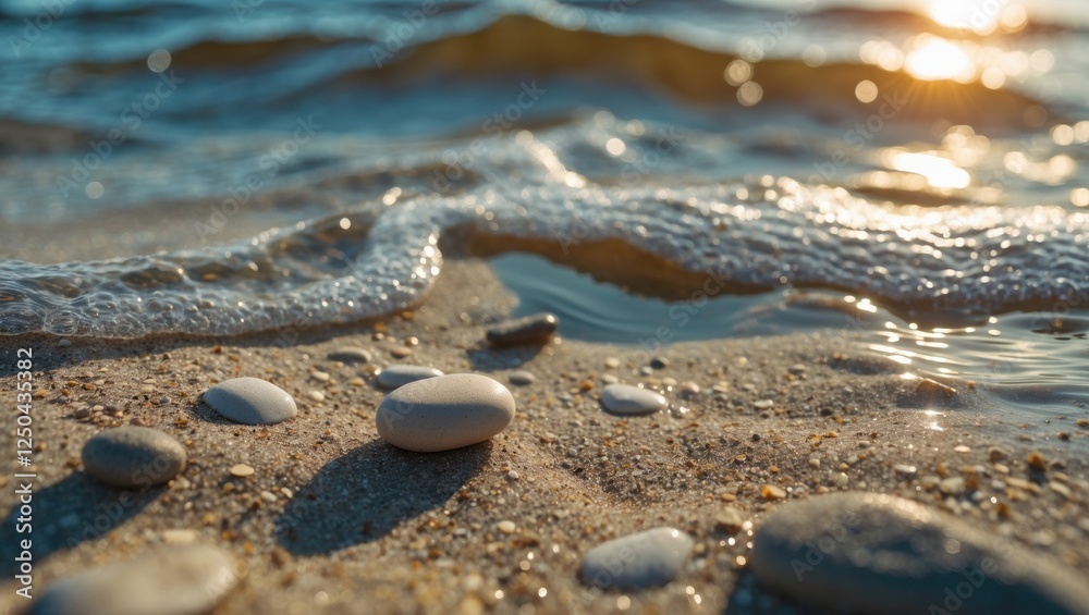 Pebbles resting on a sandy shore with gentle waves and sunlight reflecting on the water creating a serene coastal scene. Pebbles resting on a sandy shore with gentle waves and sunlight reflecting on the water creating a serene coastal scene.