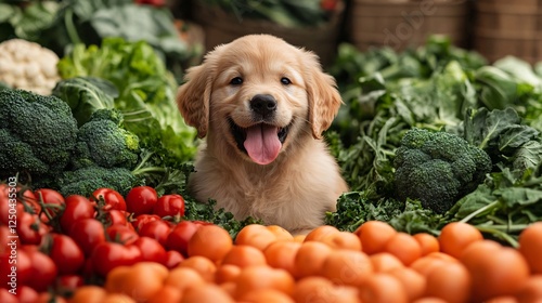 A cheerful golden retriever puppy sits among a colorful array of fresh vegetables, embodying a vibrant and healthy lifestyle. photo