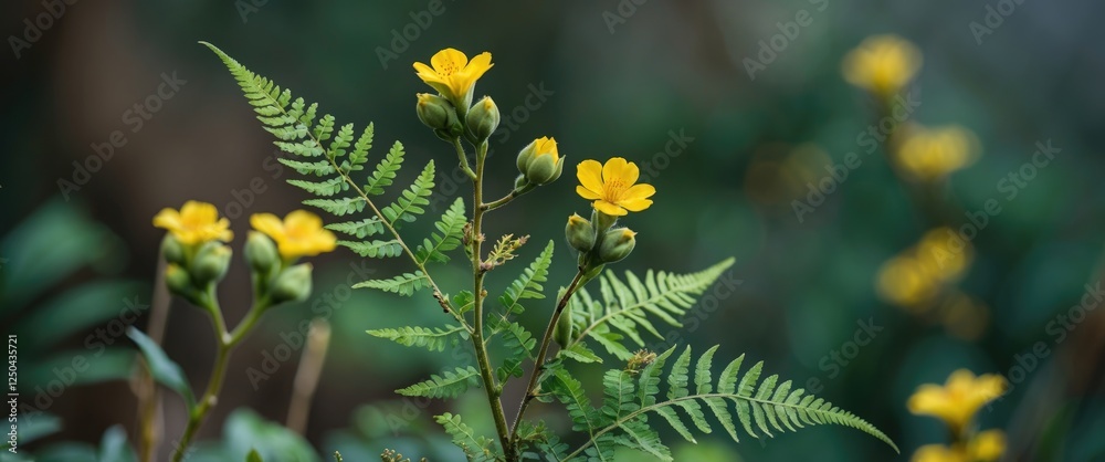 Fern bud with vibrant yellow flowers in soft focus background showcasing nature's beauty and intricate plant life. Fern bud with vibrant yellow flowers in soft focus background showcasing nature's beauty and intricate plant life.