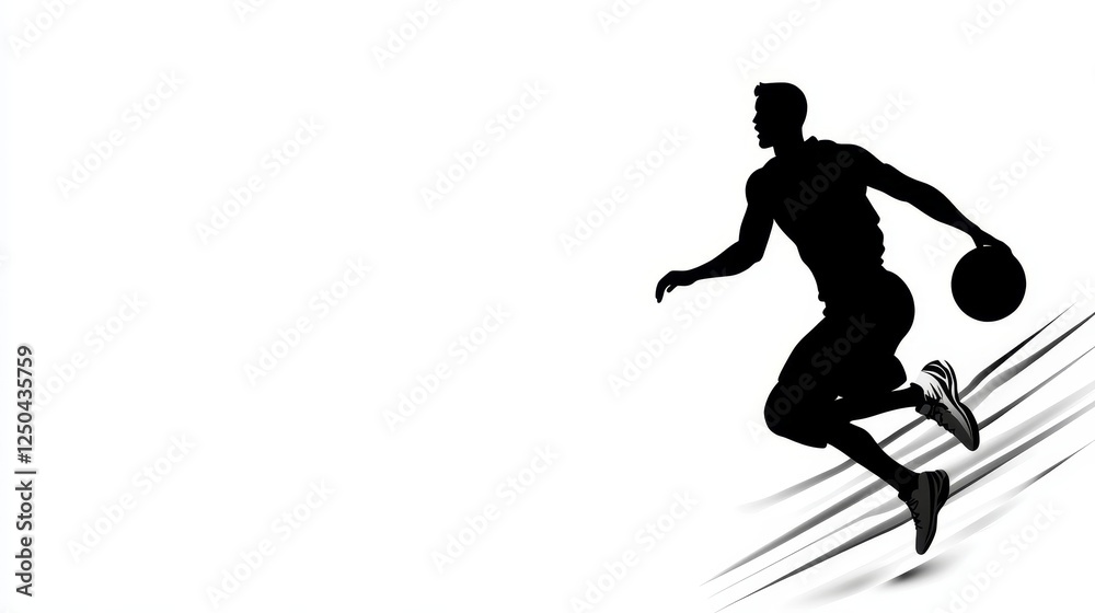 Basketball Player Silhouette Dribbling - Dynamic silhouette of a basketball player dribbling, symbolizing speed, skill, action, competition, and victory. Basketball Player Silhouette Dribbling - Dynamic silhouette of a basketball player dribbling, symbolizing speed, skill, action, competition, and victory.