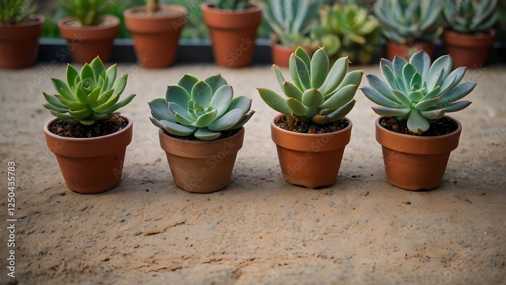 Four Succulents in Terracotta Pots on Rustic Ground Four Succulents in Terracotta Pots on Rustic Ground