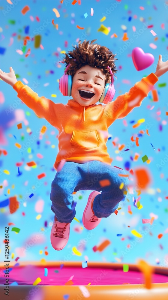 Fototapeta premium Joyful Kid Jumping on Trampoline with Headphones and Confetti