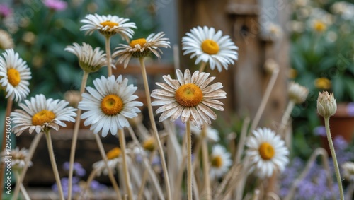 Dehydrated Daisies in a Garden with Lush Background and Distinctive Yellow Centers Creating a Contrast in a Natural Setting photo