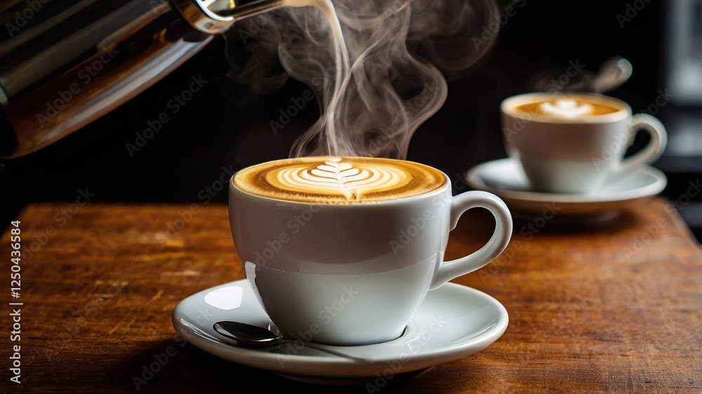 Steaming Hot Coffee Cup with Latte Art on Wooden Table Steaming Hot Coffee Cup with Latte Art on Wooden Table