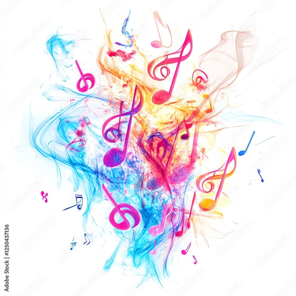 Fototapeta premium Vibrant musical notes blending with colorful smoke create an artistic expression of sound.