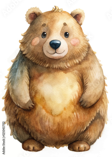 Cute watercolor bear illustration, adorable animal character, children's book art, playful design, friendly expression.